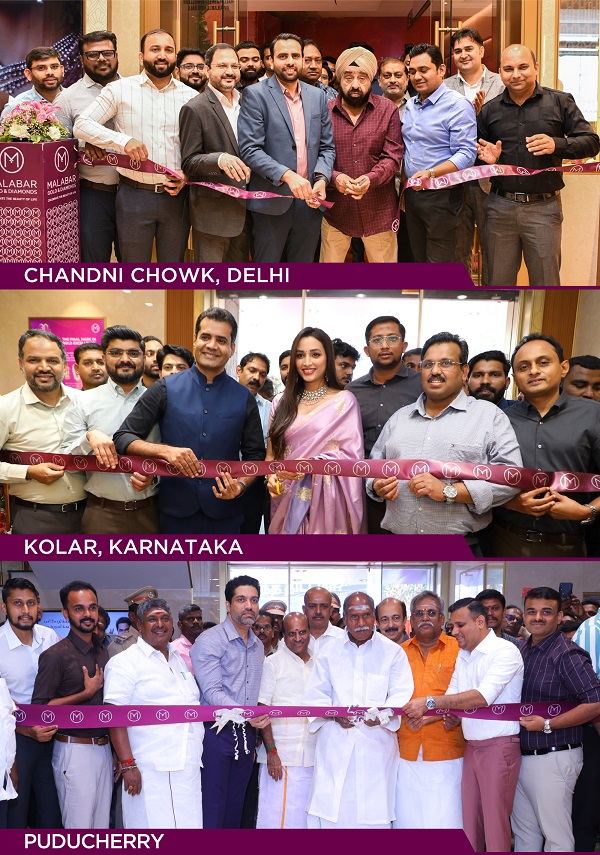 Malabar Gold & Diamonds has opened 3 new showrooms in India at Chandni Chowk (Delhi), Kolar (Karnataka) &&nbsp;Puducherry